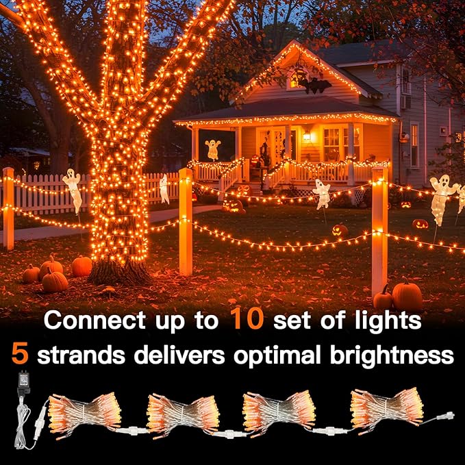 suddus Orange String Lights Outdoor with Remote, 33ft 100 LED Connectable Waterproof Halloween Lights Plug in, Dimmable Clear Wire Fairy Lights for Fall,Thanksgiving, Party, Garden, Porch, Dorm Decor