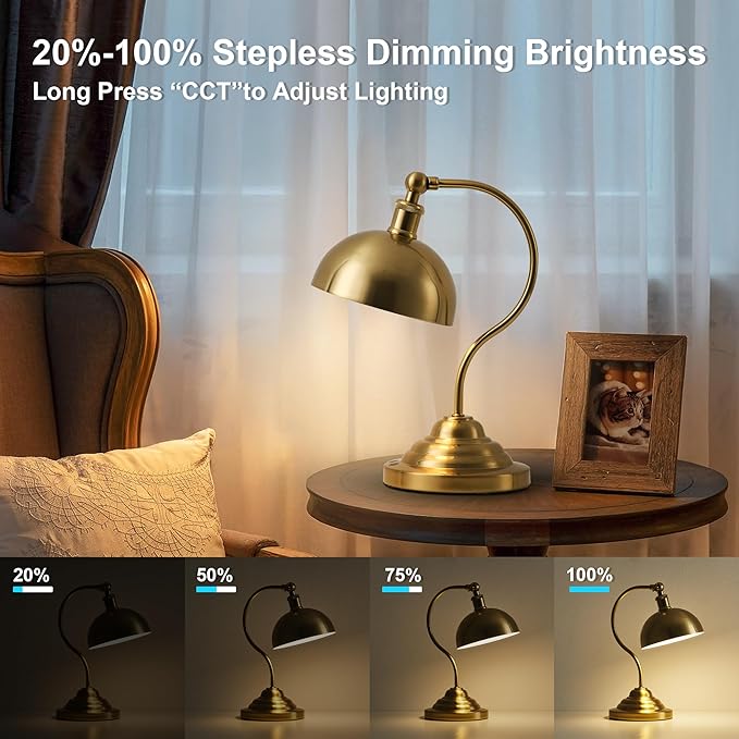 Cordless LED Table Lamp, Battery Operated Desk Lamps with Swing Arm & Plastic Shade, Vintage Small Rechargeable Dimmable Light for Bedroom, Living Room, Nightstand, Brass