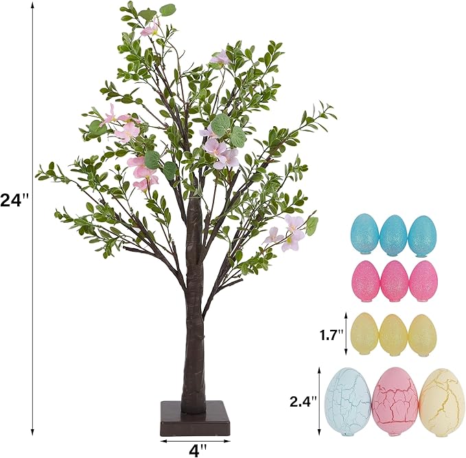 DR.DUDU Easter Decor Set of 2 Lighted 24 Inch Artificial Tree with Easter Eggs & Colorful LED Lights, Light Up Tabletop Bonsai Tree for Table Home Holiday Spring Decor
