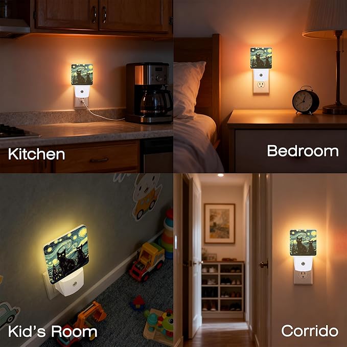 Starry Night Black Cat Night Light for Kids, Dusk-to-Dawn Auto Sensor Plug in Night Light, 0.5W Energy Saving Non-Toxic Design for Bedroom/Bathroom, Ideal Gifts for Women, Men & Kids