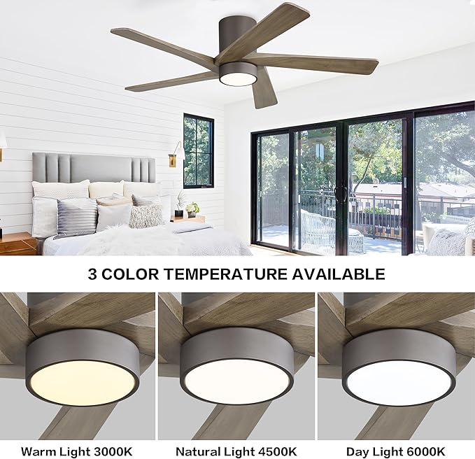 WINGBO 54 Inch Flush Mount DC Ceiling Fan with Lights and Remote, 5 Reversible Carved Wood Blades, 6-Speed Noiseless DC Motor, Hugger Ceiling Fan in Graphite Finish with Gray Blades, ETL Listed