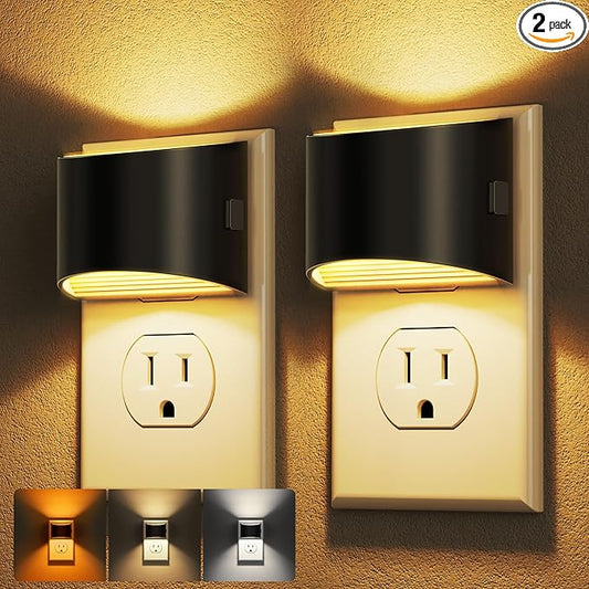 DORESshop LED Night Light[2 Pack], Night Lights Plug into Wall, Plug in Night Light with 3 Color Temperatures, Dusk to Dawn Sensor, Nightlights for Adults, Bedroom, Bathroom, Hallway, Black