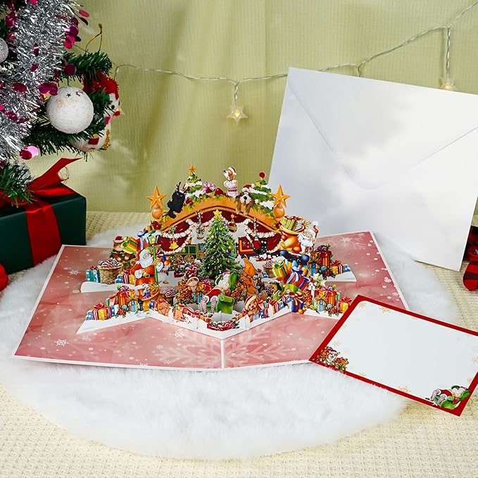FaCraft Musical Christmas Cards, with Lights and Music, 15.4 x 10.4 inch Handmade 3D Large Pop Up Christmas Card, with Envelope Blank Insert and Seal for Winter Holidays New Year (Dogs Cats Party)