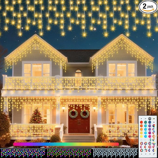 Pooqla Color Changing Icicle Lights with Remote, 35 Colors Christmas Icicle Lights, 360 LED 58.2FT RGB Waterproof Hanging String Lights for Roof Window Home Party Easter Outdoor Decor