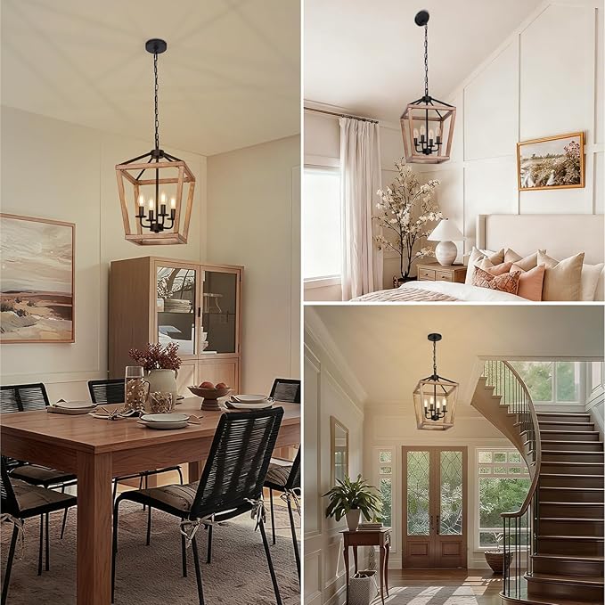 4 Light Farmhouse Chandelier, Lantern Ceiling Light Fixture with Brushed Rustic Wood Metal Cage and Adjustable Chain, E12 Base Geometric Hanging Lights for Dining Room Kitchen Island Entryway, Indoor