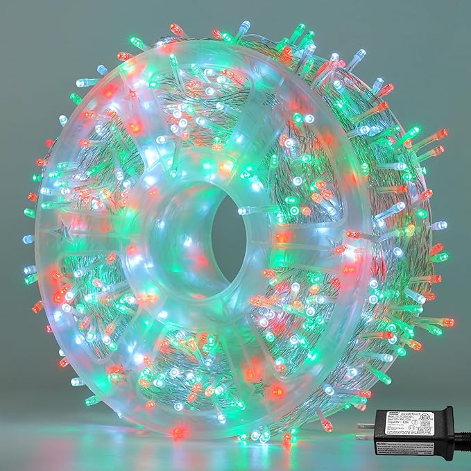 QITONG Red White Green Outdoor String Light, 165ft 500 LED Christmas Lights with 8 Modes, Clear Wire Twinkle Xmas Light Indoor Plug-in