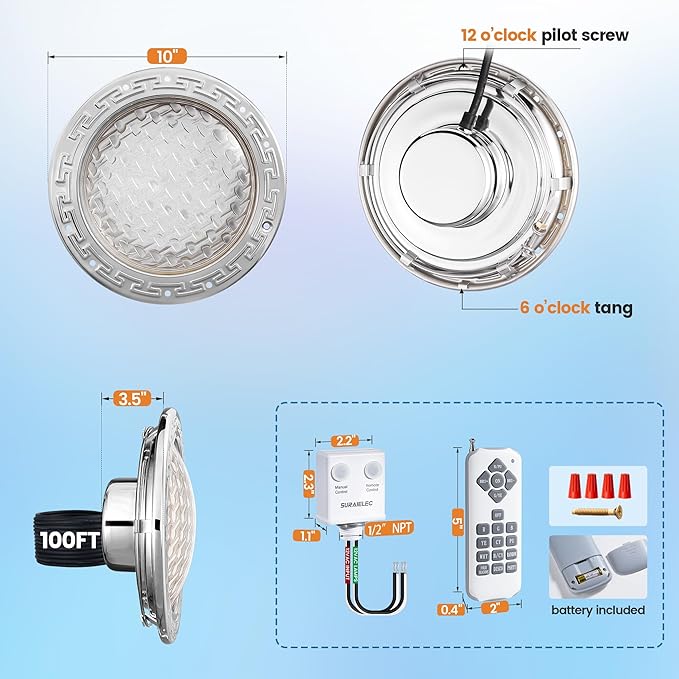 SURAIELEC 12V AC Pool Lights for Inground Pool, 10 inch Color Changing LED Pool Light with Remote Control, 300W Equivalent, Underwater Swimming Pool Light Fixture for Large Wet Niches, 100FT Cord
