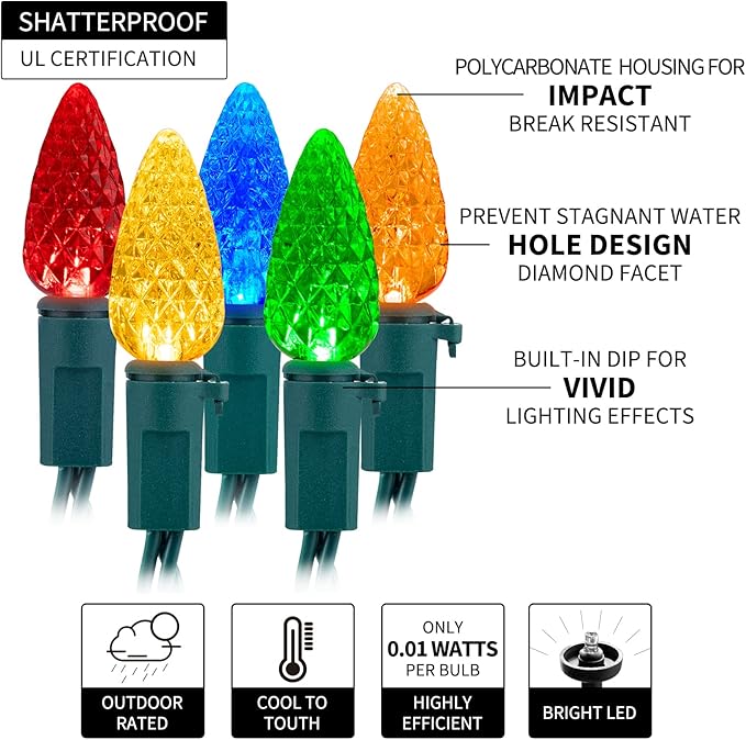 Brightown C6 LED Christmas String Lights - 2 Pack 20ft 60LED Battery Operated Strawberry String Lights with Timer and 8 Light Modes for Christmas Trees, Wreaths, Indoor Outdoor Xmas Decor, Multicolor