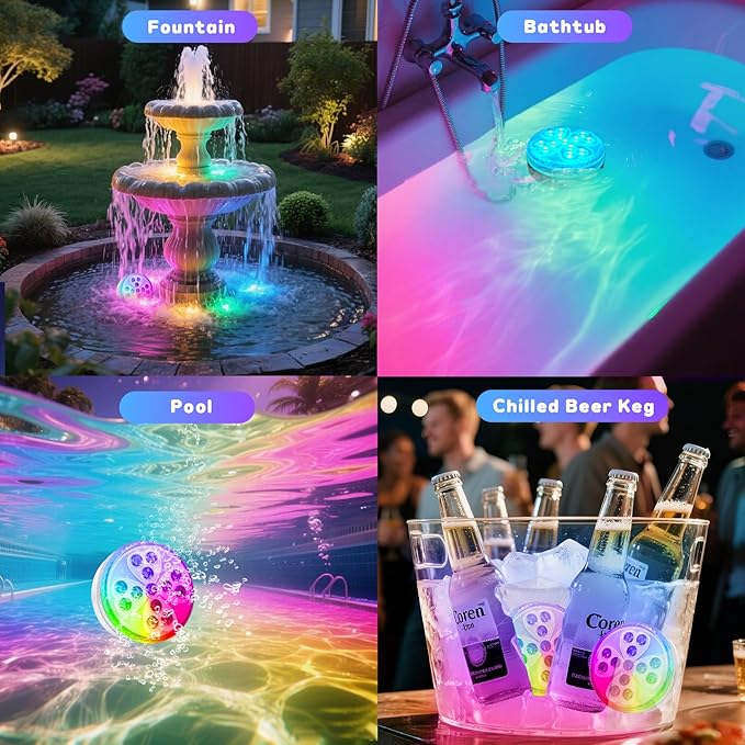Pool Lights, 10 Colors Rechargeable Submersible LED Lights with Remote & 6 Modes, IP68 Waterproof Dimmable Shower Lamp, LED Underwater Light for Inground Above Ground Pool Party Hot Tub (4 Pack)