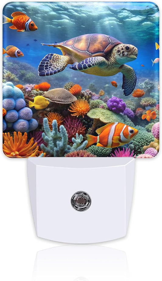 Giant Turtle in Coral Reefs Night Light, Underwater World Marine Fish Corals Dusk to Dawn Night Light Plug in, 0.5w Energy Saving Sleep Friendly NightLight for Kids Boys Girls Home Decor