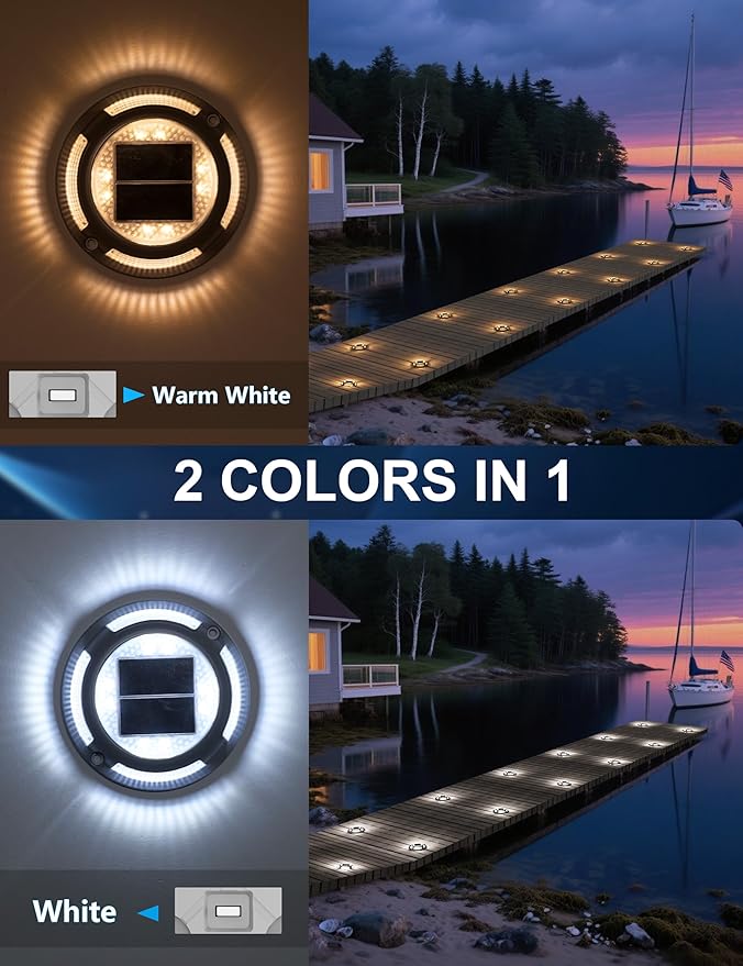 VOLISUN Solar Driveway & Deck Lights 8 Pack Waterproof Dock & Marine Ground Lights,2-in-1 Warm White & White LED,Solar Marker for Pathways,Steps,and Warning Signs,Auto On/Off