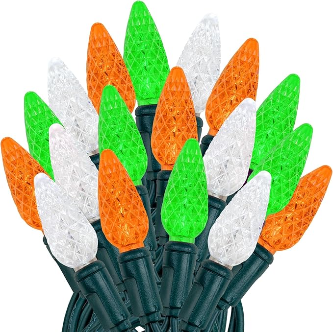 ‎‎‎Novelty Lights 24FT 70 LED C6 LED St. Patrick's Day String Lights, Outdoor Christmas Tree Commercial Grade LED String Lights, Christmas Lights Outdoor Tree Decorations Outdoor (Green/White/Orange)