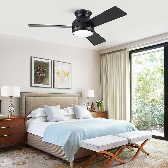 42 Inch Ceiling Fans with Lights and Remote, Black Low Profile Ceiling Fan with Light, Flush Mount, Reversible, 6 Speeds, 3CCT Dimmable, Bedroom Indoor/Outdoor Patios Use