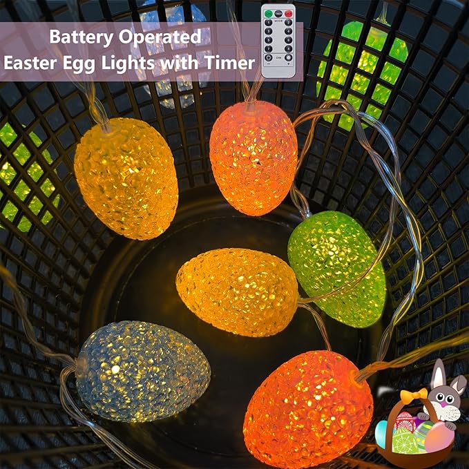 Easter Egg String Lights Battery Powered 6.8Ft Easter Lights String 10 LED Egg Shaped Light with Timer, Outdoor Pastel Light for Indoor Home Party Spring Themed Bedroom Fireplace Decor