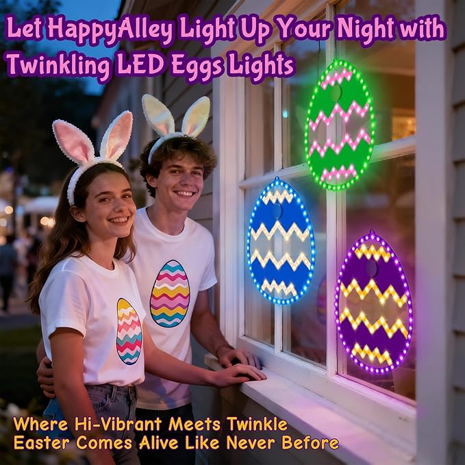 3 Pack 10" Easter Classics Twinkling LED Eggs, Hi Vibrant Aluminum Frame Eggs Spring Window Silhouette LED Lights, Holiday Waterproof Indoor Outdoor Decoration