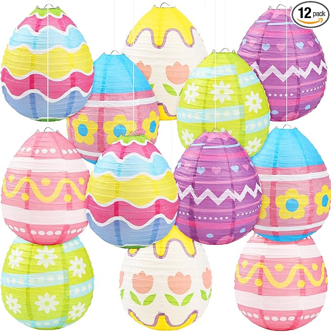 DECYOOL 12 Pieces Pastel Paper Lanterns, 6 Styles of Easter Egg Colorful Hanging Lantern Decor for Parties, Classroom Home Indoor Outdoor Celebrations