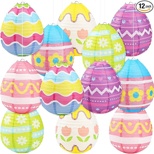 DECYOOL 12 Pieces Pastel Paper Lanterns, 6 Styles of Easter Egg Colorful Hanging Lantern Decor for Parties, Classroom Home Indoor Outdoor Celebrations