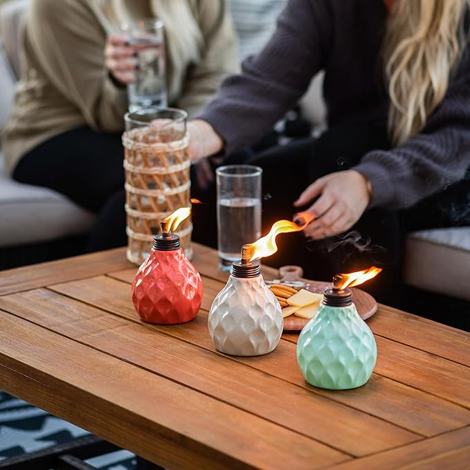 TIKI Seaside Escape 3-Pack Table Torches, 6" – Pastel Ivory, Pink & Blue Glass Outdoor Lighting | Weather-Resistant Design | Includes Long-Lasting Wick & Snuffer for Patio & Backyard