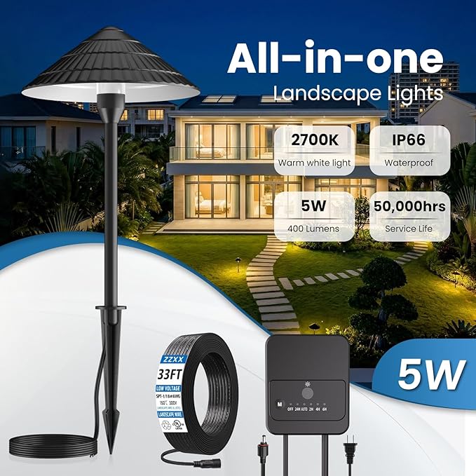 ZZXX All-in-One Low Voltage Landscape Lighting Kit 4-Pathway Lights with 40W Transformer, 5W Dusk to Dawn Outdoor Lighting, IP66 Waterproof LED Landscape Lights, Outdoor Lights 2700K for Yard Patio