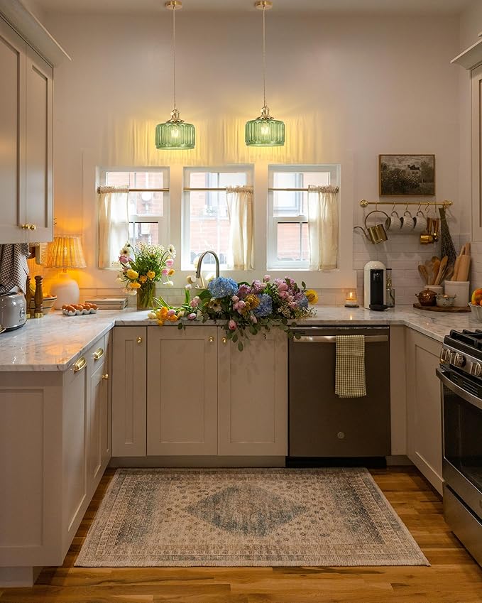 Pendant Light 2 Pack with Green Striped Glass Lmapshade, Brass Vintage Pendant Light Adjustable Hanging Light for Kitchen Island Dining Room Hallway