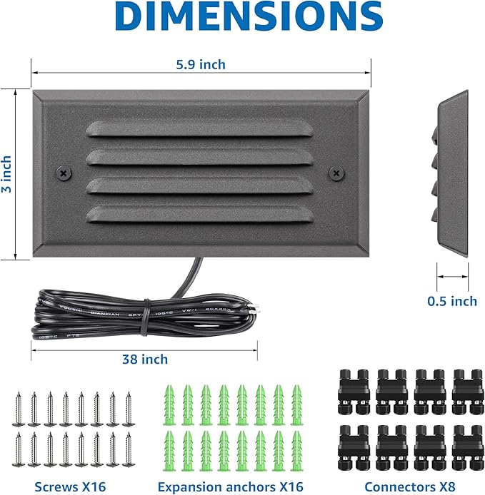 SUNVIE Low Voltage Step Lights - Outdoor Stair Lights 5W LED with Horizontal Louver Faceplate for Steps, Stairs, Fences 12V 3.2FT ETL Listed Wire Fastlock2 Connectors Included, 8 Pack