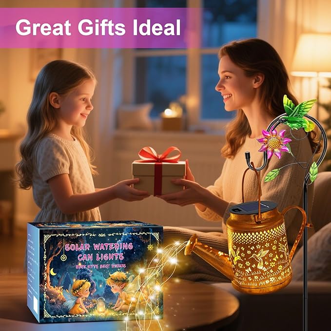 VOOKRY Solar Lights Outdoor Waterproof, Hummingbird Retro Metal Solar Watering Can Lights, Birthday Gifts for Women Mom Grandma, Hanging Lantern Decorative Garden Decor for Outside Yard Lawn Patio