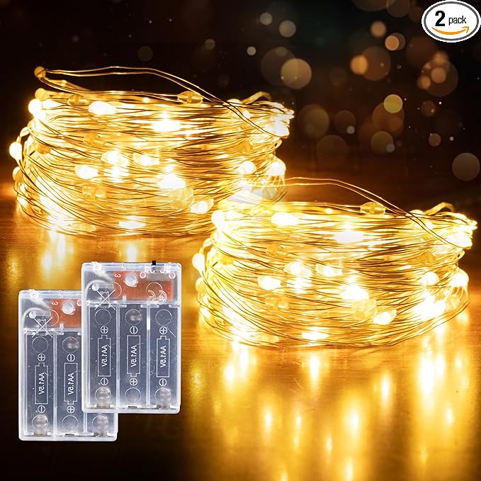 Fairy Lights Battery Operated String Lights 16.4ft 50LED Flashing and Constant Light Waterproof Silver Wire for Christmas DIY Party Wedding Decoration (Warm White, 2 Pack)