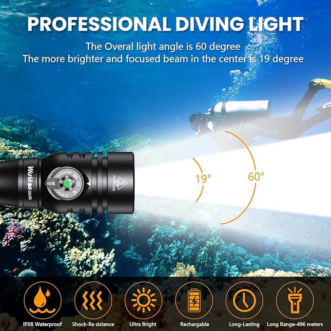 Wurkkos DL02 Scuba Diving Light,3000 Lumens 6500K Dive Light with Rotary Magnetic Switch,IPX8 Waterproof 496M Long Throw 100M Underwater 3 Lighting Modes Submersible Flashlight for Night Diving