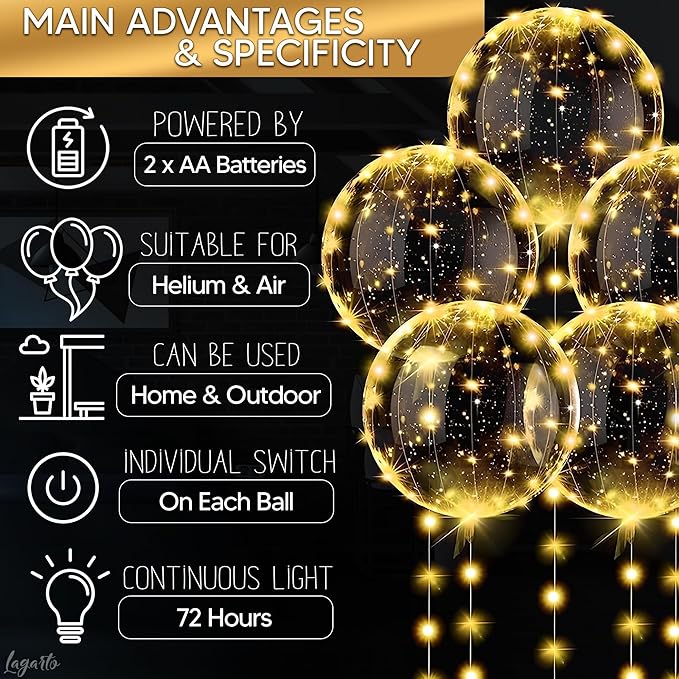 10 Pcs LED Balloons Light Up Balloons for Parties – Clear 18" Balloon with Gold String Lights & Individual Switch – Light Up Easter Decorations for Indoor & Outdoor Events, Batteries Not Included