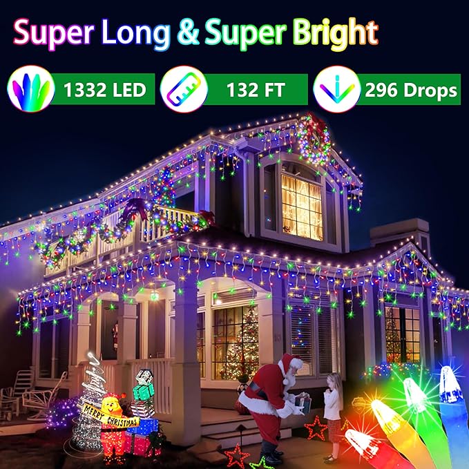 132FT 1332 LED Outdoor Christmas Lights - 296 Ice Drops, 12 Pro Modes with Timer Memory & Brightness, Waterproof Hanging Ice String Light for Holiday Wedding Garden Fence House Decor (Multicolor)
