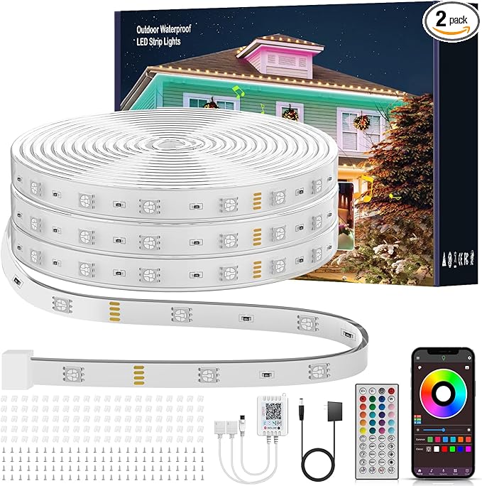 Outdoor Led Strip Lights Waterproof 200ft, Ip68 Outside Led Light Strip Waterproof with Remote and App Control, Exterior Music Syne RGB Led Rope Lights for Bathroom, Party Home Decor (2*100ft)