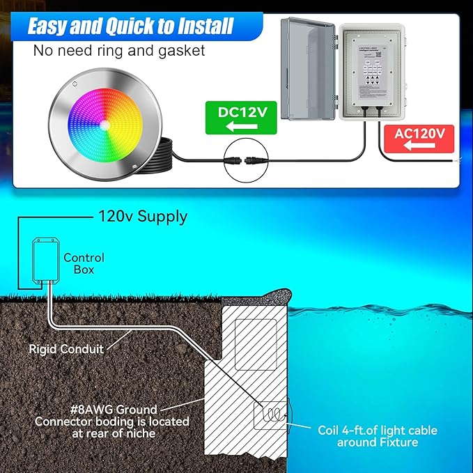 60W 10" Smart Pool Lights for Inground Pool with Triple Control (WiFi Bluetooth APP/Remote/Controller), Led Color Changing Underwater Swimming Pool Light for 10" Large Wet Niches - 120Ft