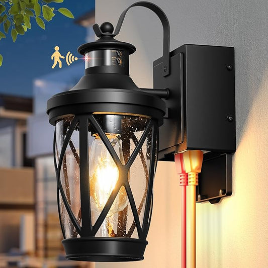 Motion Sensor Porch Light with Outlet, Outdoor Wall Light Fixtures with GFCI Outlet, Outdoor Sconces Wall Lighting with Seeded Glass, Waterproof Exterior Garage Lantern for Coach, Patio,Balcony
