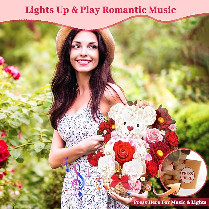 Birthday Card with MUSIC & LIGHTS, Pop Up Mothers Day Card & Anniversary Card, 10 Inch Bear Rose Forever Bouquet Mothers Day Gifts for Her Women Mom Wife