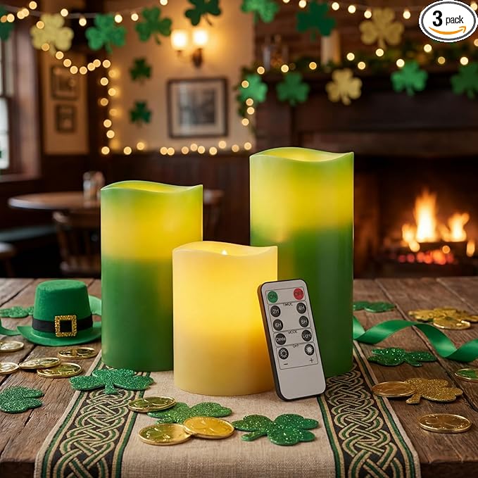 VIHOSE St. Patrick's Day Flameless Candles Battery Operated Flameless Pillar Candles Real Wax Fake Candle with Remote and Timer Flickering for St. Patrick's Easter Gift Home Party