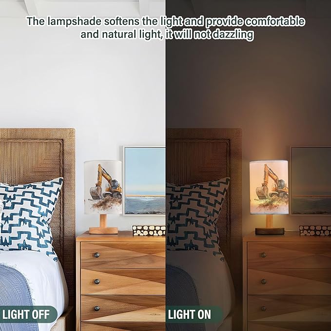 Construction Car Excavator Painting Table Lamp with Wood Base Fabric Lamp Shade Bedside Nightstand Desk Lamp for Living Room Bedroom Kids Room Office