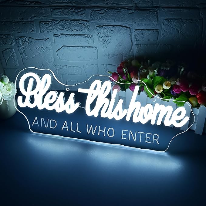 Bless This Home And All Who Enter Neon Sign for Wall Decor Dimmable God LED Neon Light Christian Decor for Prayer Room Home Bedroom Jesus White Positive Religious Wall Art Size 16.5 * 6.1in(GLNP213)