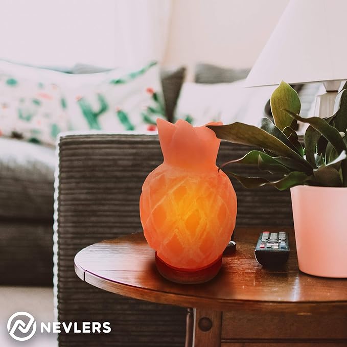 Nevlers Pineapple Shape Pink Himalayan Salt Lamp w/Wood Base| 7-8 lbs & 7"- 8" Tall Himalayan Pink Salt Lamp w/Dimmer Cord & Light Bulb| 100% Salt Rock Lamp | Ambient Salt Crystal Lamp for Home Decor