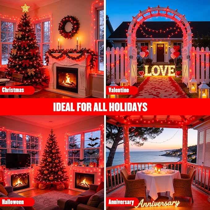 JMEXSUSS 4 Pack 50 LED Red Christmas Lights Battery Operated, Each 16.5ft Red String Lights with Timer, 8 Modes Valentine’s Lights Outdoor Waterproof for Wedding Anniversary Valentine’s Day Decor