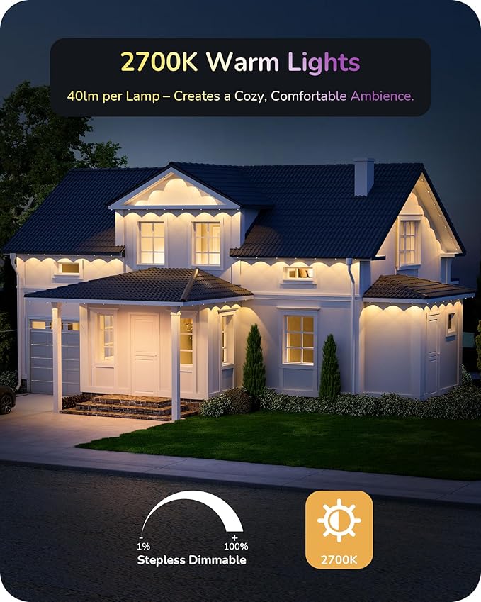 EDISHINE 200ft Cuttable Outdoor Permanent Christmas Lights Pro, 120 LED Smart RGB+IC+Warm White Eave Light, App/Remote, 111 Scene Modes IP67 Waterproof for House and Daily Decor, Alexa Google Enable