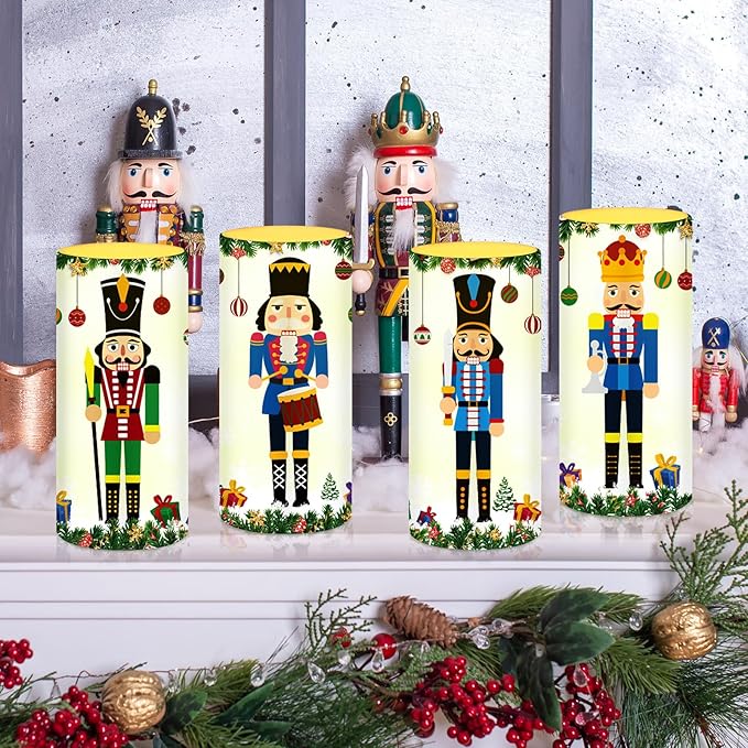Tiamon 4 Pcs Nutcracker Christmas Flameless Candles Realistic Battery Operated LED Candles with Timer Remote Warm Light Flickering Pillar for Xmas Holiday Table Decorations