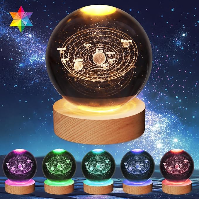 3D Solar System Crystal Ball Lamp,3.15inch Multi-Color Changing Bedroom Decor Night Lights,Christmas Birthday Gifts for Boys, Girls