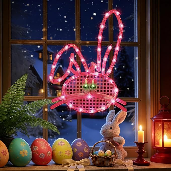 17" 40LED Lighted Pink Bunny Easter Decor, Soft Warm Glow for Window, 120V Plug-in, UL Certified, Beautiful Gift Box Packed