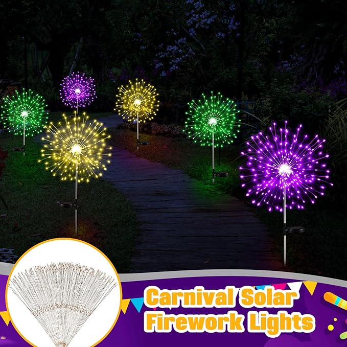 9 Pcs Mardi Gras Solar Firework Lights Solar Lights Outdoor Garden 120 LED 8 Modes Waterproof LED Sparkler Outdoor for Carnival Patio Yard Pathway Walkway (Purple,Yellow,Green)