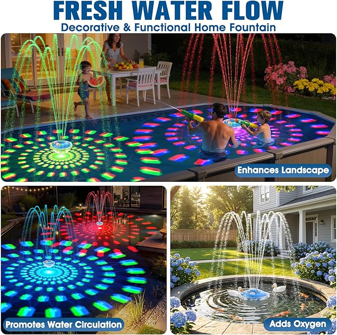 8000mAh Rechargeable Pool Fountain with Lights,2026 Floating Pool Fountain for Above Ground Pool Water Fountain Pump with Anchor,Upgraded Swimming Pool Fountain Floating Pump for Pool Pond-Light Blue