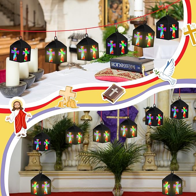 12 Sets Easter Crafts Religious Cross Crafts with LED Candle Light DIY Christian Cross Lantern Tissue Paper Kits Religious Hanging Ornament for Church Sunday School VBS Activities
