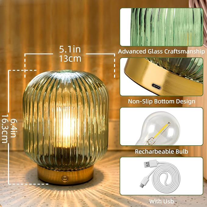 MJ PREMIER Rechargeable Lamp, Green Glass Lamp with Memory Function, Cordless LED Lamp with Dimmable Brightness, Decorative Touch Lamps for Bedroom Living Room