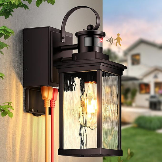 Porch Lights Outdoor with GFCI Outlet, Oil Rubbed Bronze Motion Sensor Exterior Lighting Fixtures Wall Mount for House, 100% Aluminum Farmhouse Outdoor Wall Sconce Lantern for Garage, Patio