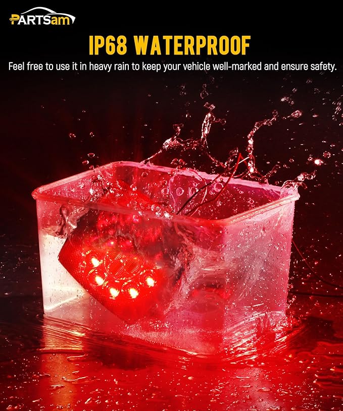 Partsam 12V Submersible Square Led Trailer Lights, Red White LED Stop Turn Tail Reverse Backup License Side Marker Running Light Lamp for Trailers Under 80", Truck, IP68, Red Clear Lens