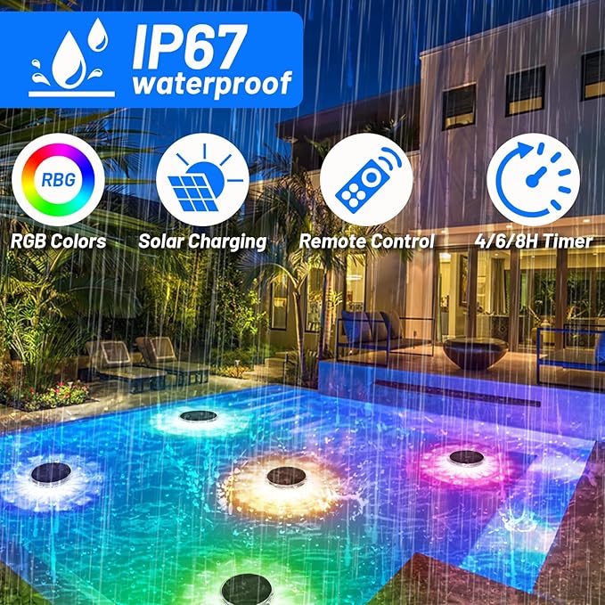 Pool Lights,Solar Rechargeable Floating,Pool Lights That Float with Remote Control, Modes 9 Lighting Timing Mode IP67 Waterproof for Inground Pool, Bathroom, Bathtub, Pool Party